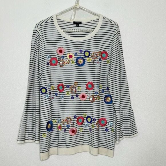 Talbots Sweater Medium Striped Floral Embroidery Beaded Embellish Bell Sleeve - Picture 1 of 16
